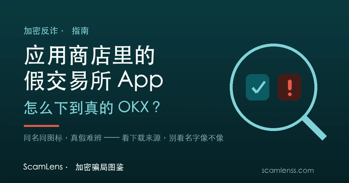 一部手机的应用商店搜索结果里并排两个一模一样的交易所图标,一个盖着绿色对勾、一个盖着红色警告标记,象征真假难辨